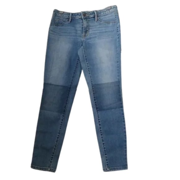 Mid Rise Power Stretch Jeans Cropped Blue Midrise 2 Tone Patchwork Crop Capris 4 - Picture 1 of 8
